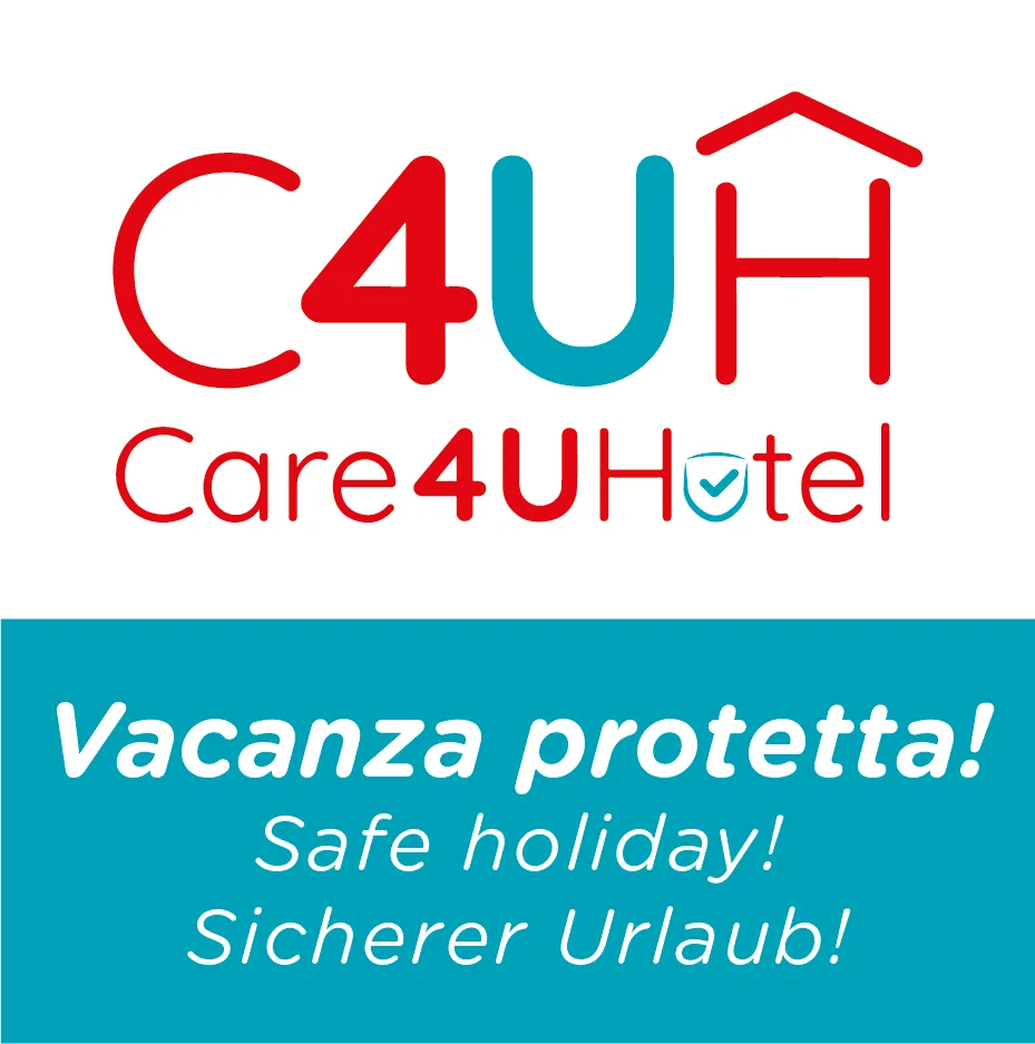 Logo Care4U Hotel con scritta "Vacanza protetta!" per soggiorni sicuri a Madonna di Campiglio