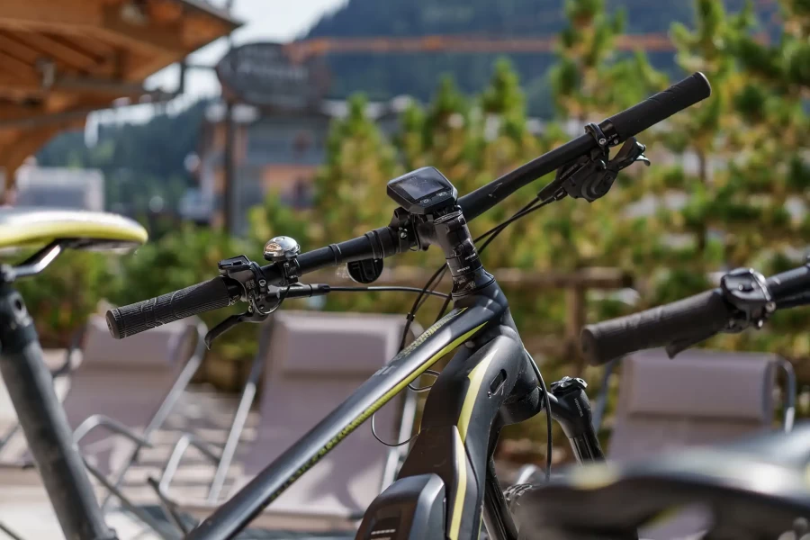 Close-up of a mountain bike handlebar with a bell and display, set against an outdoor background.