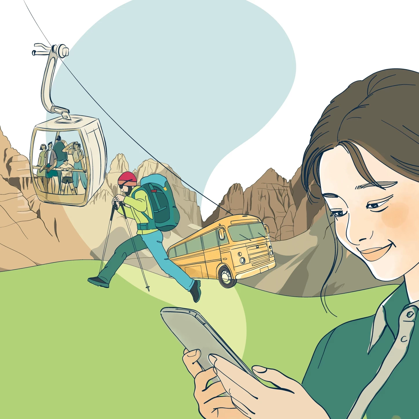 An illustration of a woman on her phone with a mountain scene in the background, featuring a hiker, cable car, and bus.