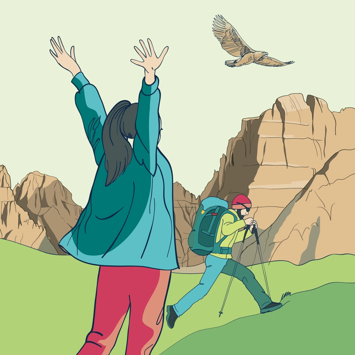 Illustration of two hikers in a mountainous landscape with an eagle soaring overhead.